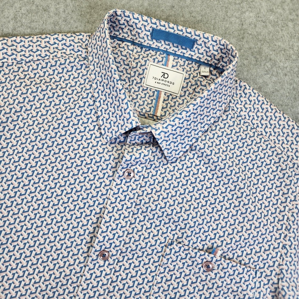 7 Diamonds 4 Way Stretch Mens L Maddox Button Up Short Sleeve Shirt Geometric